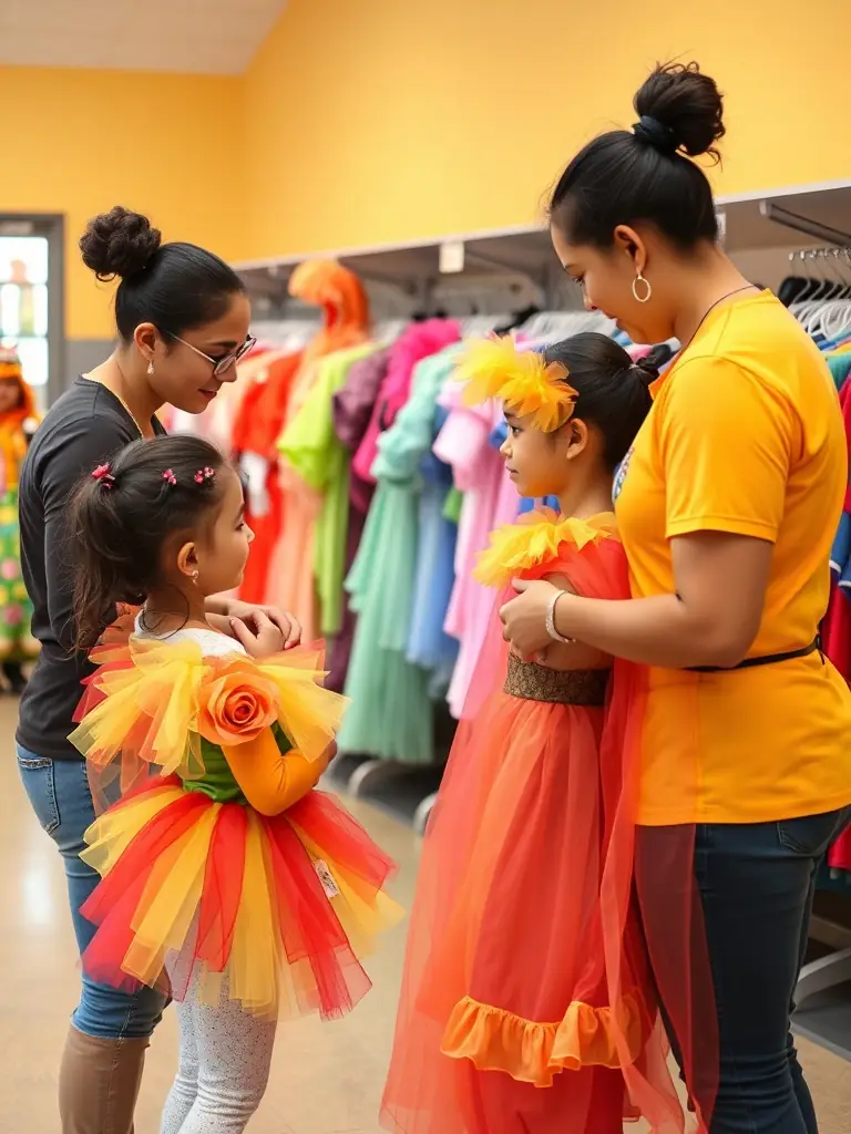 A candid image of volunteers helping a child try on a carnival costume in a welcoming, well-lit costume lending center, with racks of costumes visible in the background.