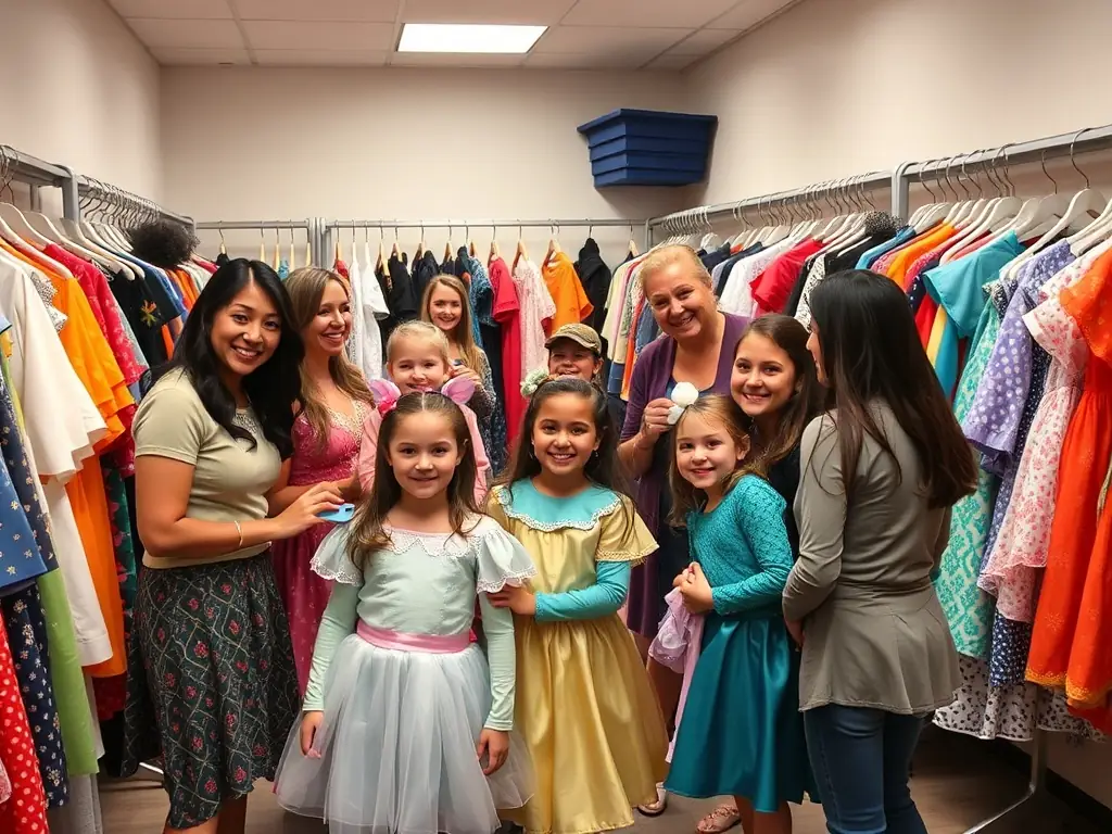 Une photo montrant un espace d’essayage convivial avec des familles choisissant des costumes variés, accompagnés de bénévoles souriants qui conseillent et aident à l’habillage.
