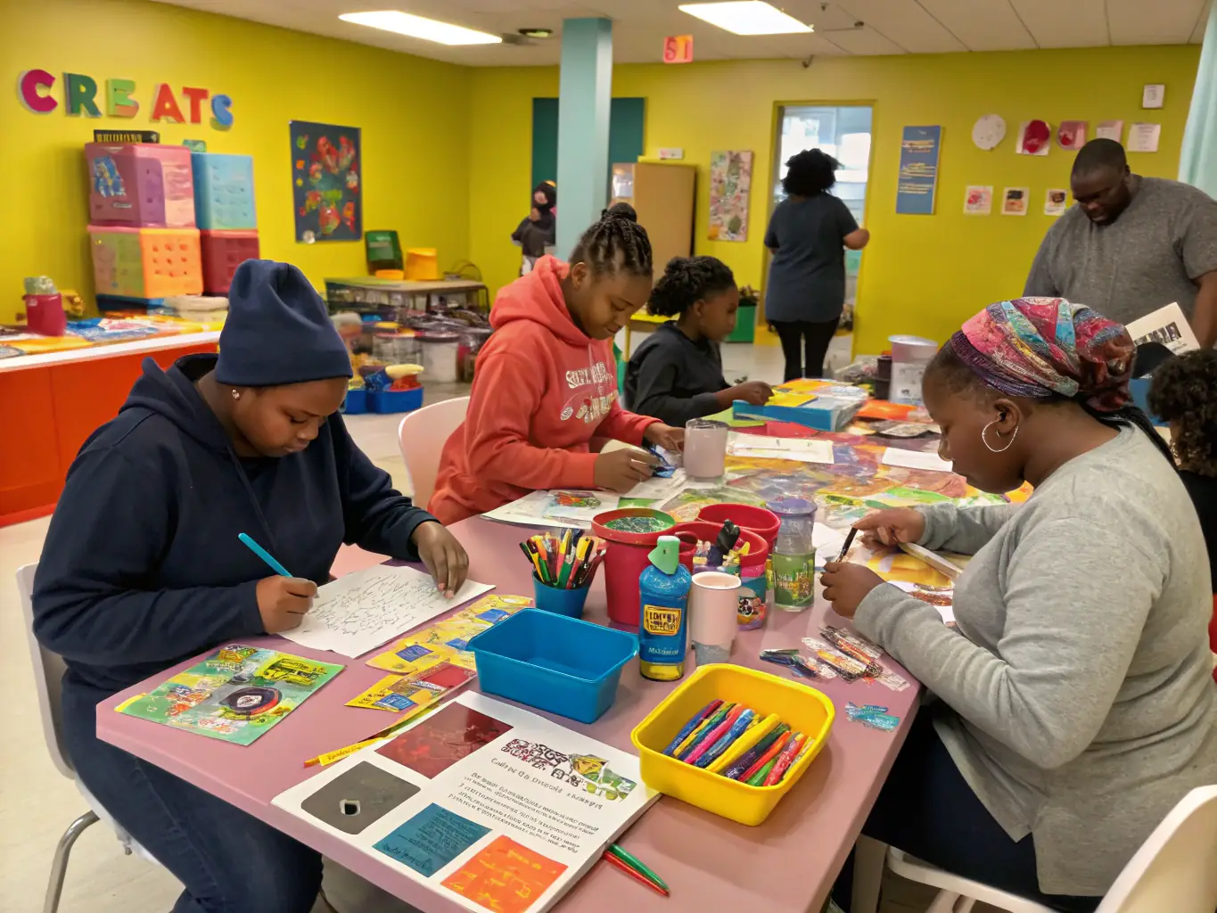 A lively group of children and adults gathered around a table, designing and crafting colorful carnival masks and costumes, with fabric, feathers, and paints, in a bright community center setting.