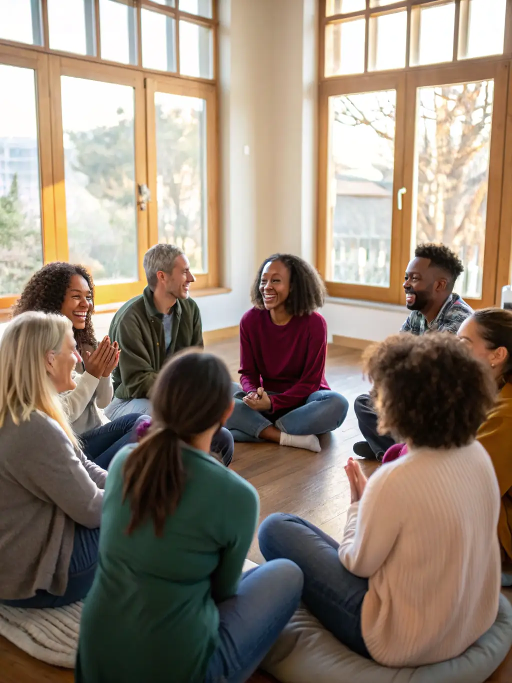 A warm photo of a group discussion circle, with a facilitator guiding a conversation about cultural traditions and the meaning of carnival, participants actively engaged.