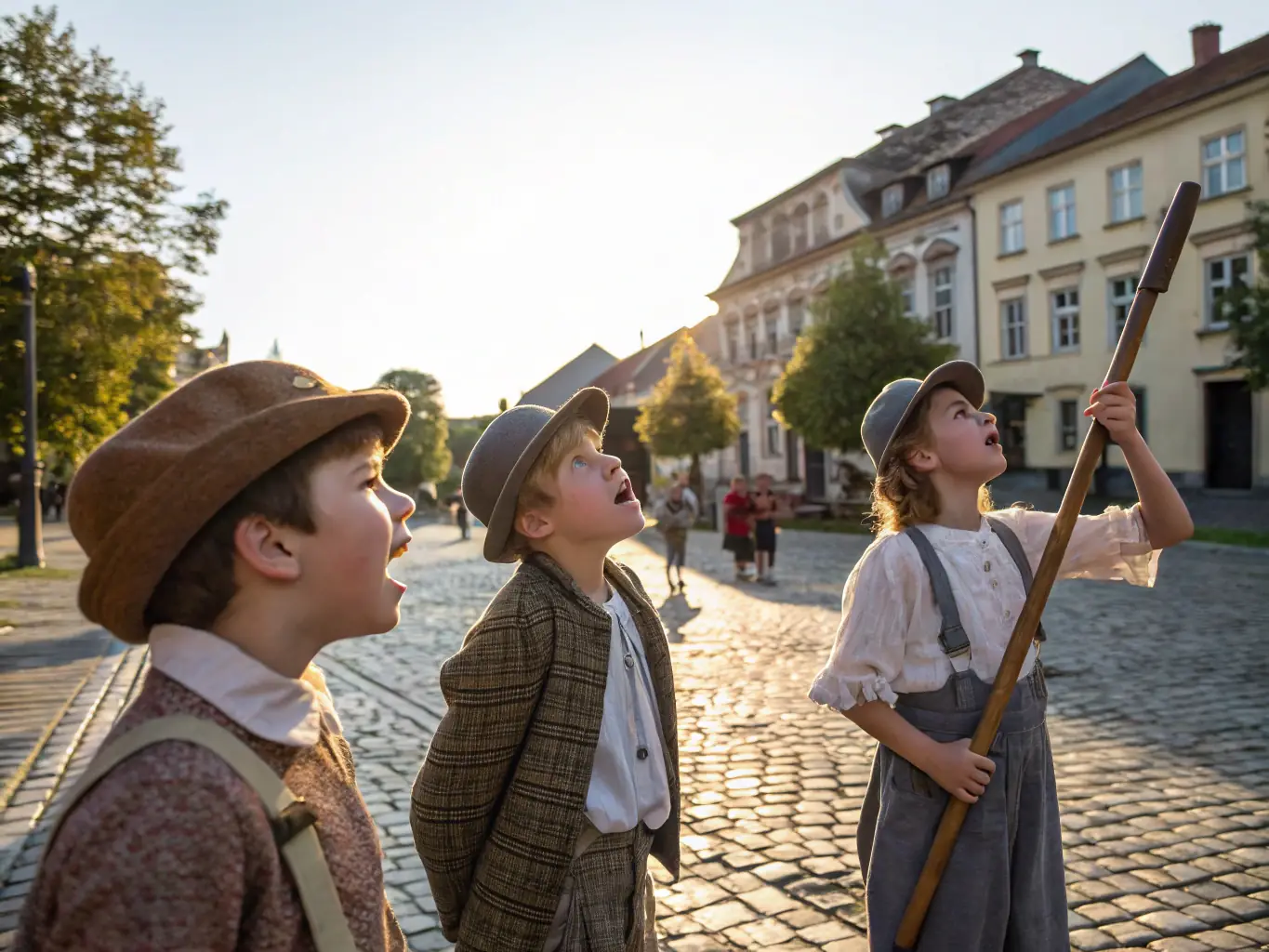 Une image d’un groupe d’enfants costumés participant à un défilé de rue, souriants et tenant des pancartes colorées, au cœur d’un quartier animé lors d’un carnaval local.