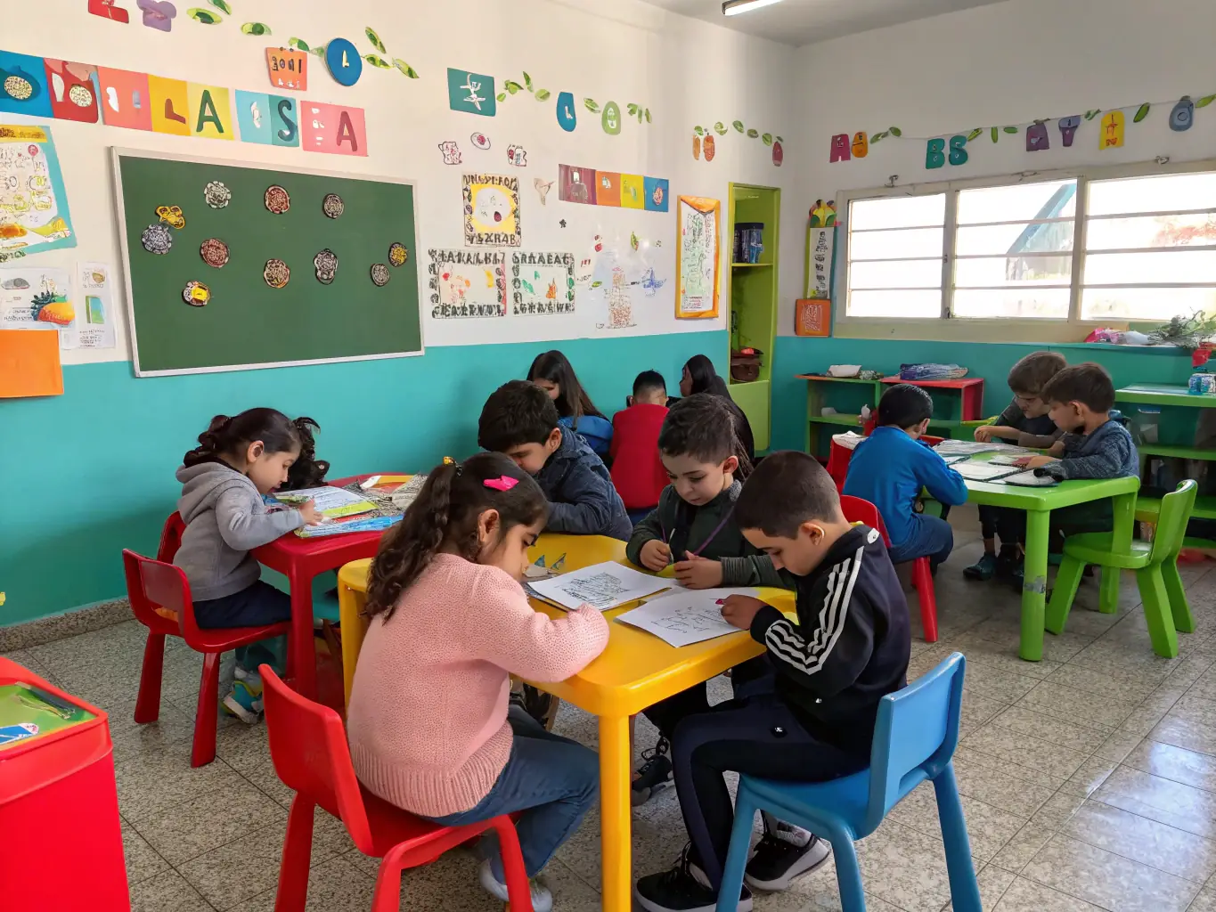 A classroom scene where children and educators are engaged in a playful educational activity about the history and cultural significance of carnival traditions, with costumes and props displayed around the room.