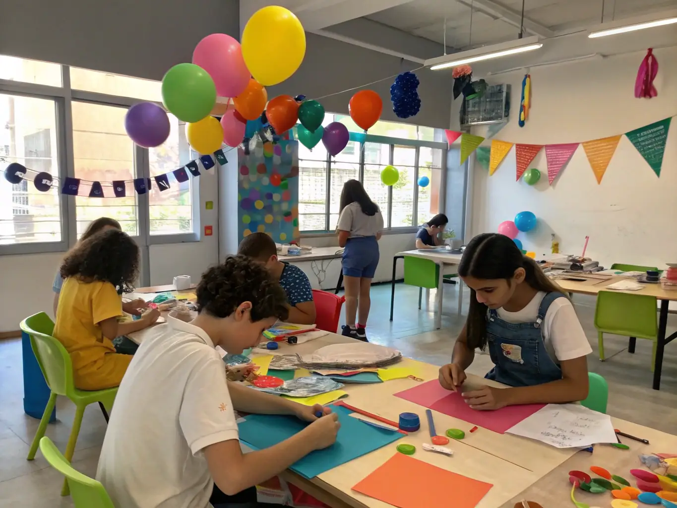Une photo vivante d’un atelier créatif où des enfants et des adultes décorent des masques colorés ensemble, entourés de tissus, plumes et paillettes, dans une ambiance chaleureuse et collaborative.