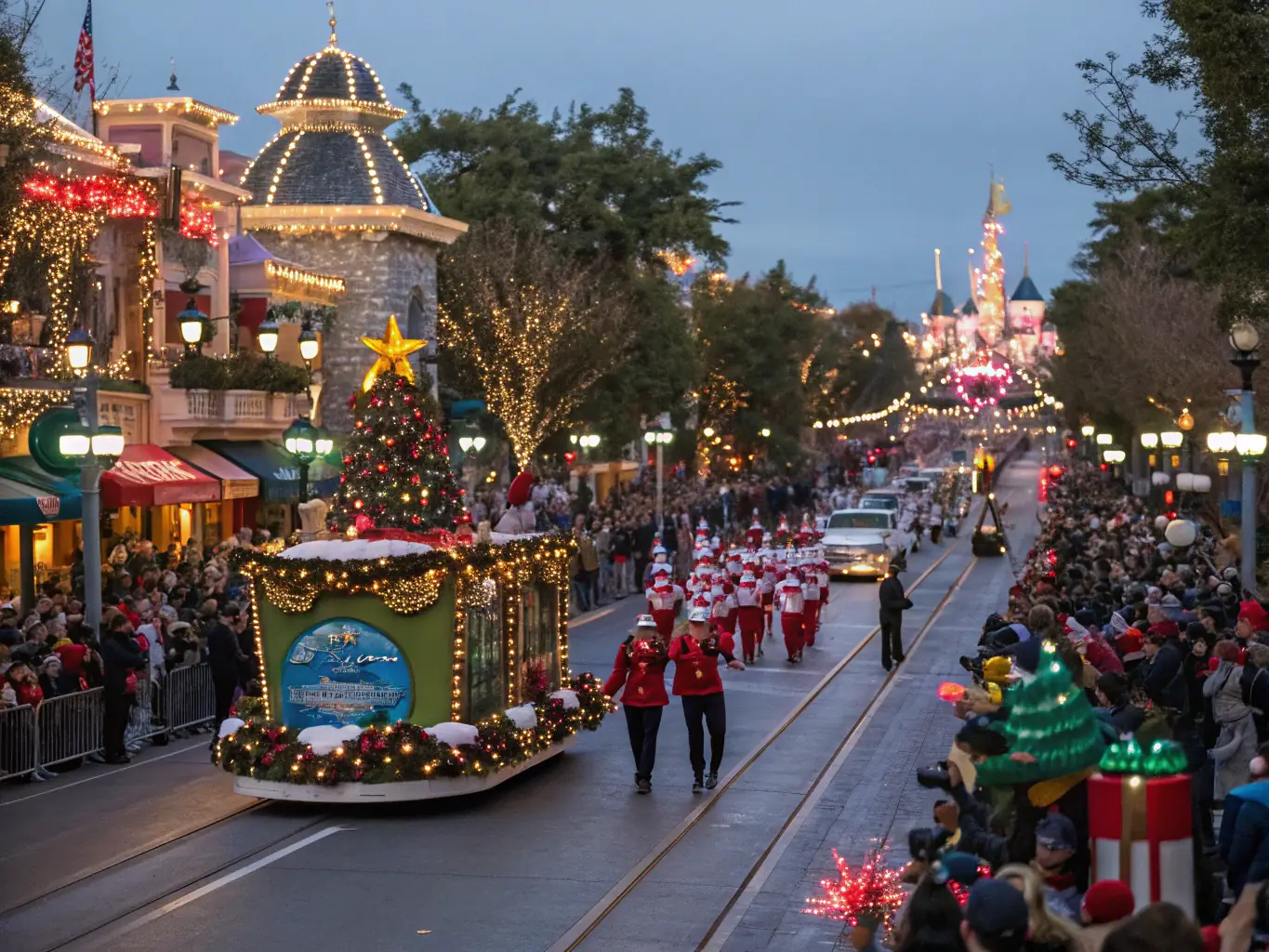 A joyful street parade with people of all backgrounds wearing elaborate costumes, dancing and playing music, surrounded by festive decorations and cheering onlookers in a vibrant urban neighborhood.