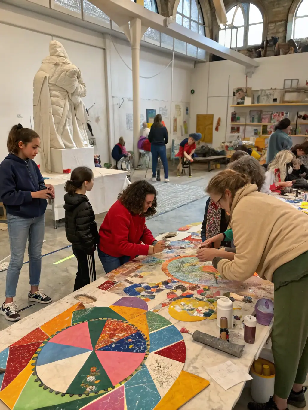 A vibrant photo of children and adults of diverse backgrounds joyfully creating carnival masks together at a community workshop, surrounded by colorful materials and festive decorations.